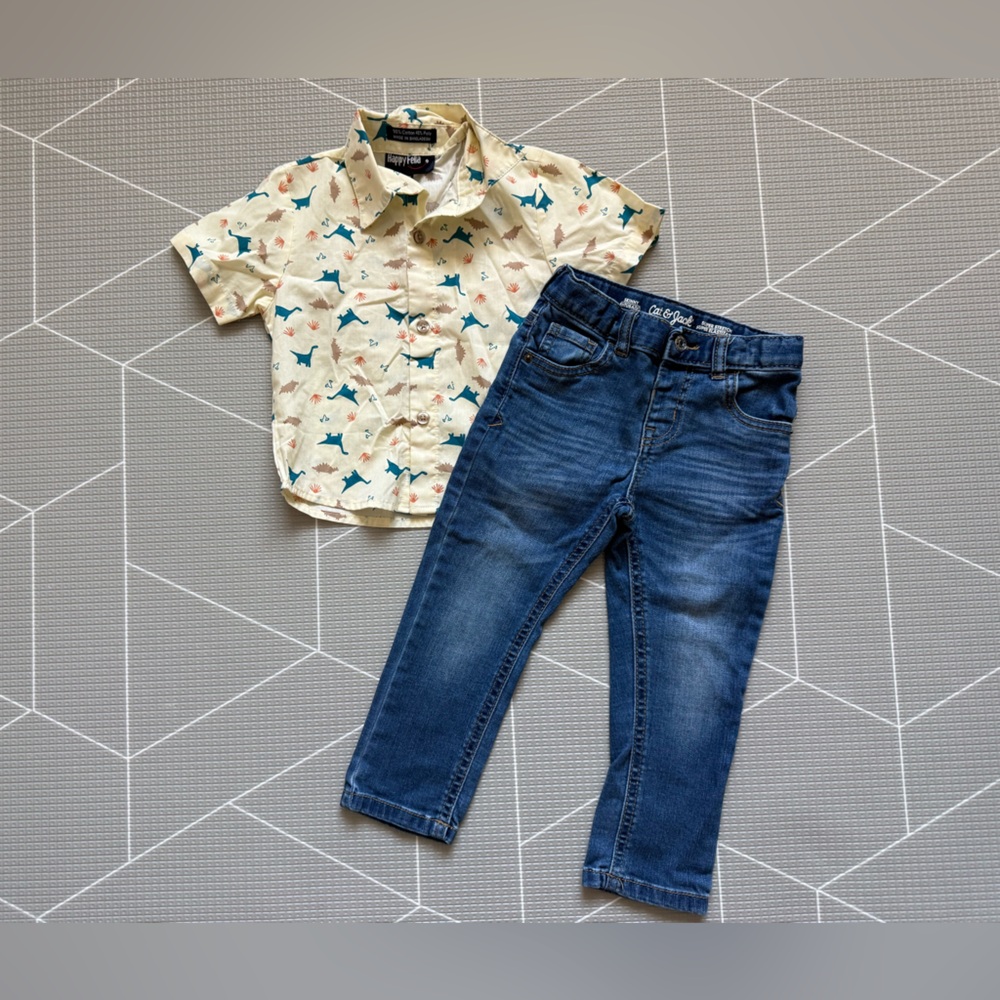 Happy Fella|Baby boy/toddler cool set,Cream Dinosaur Button-Up Shirt & jeans•3T